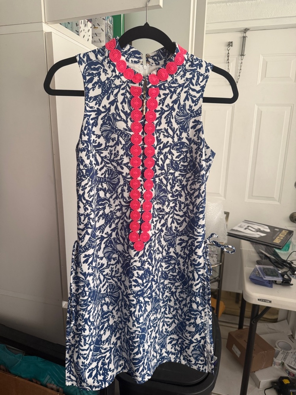 Lilly Pulitzer White Dress with Navy Floral Print and Neon Pink Trim